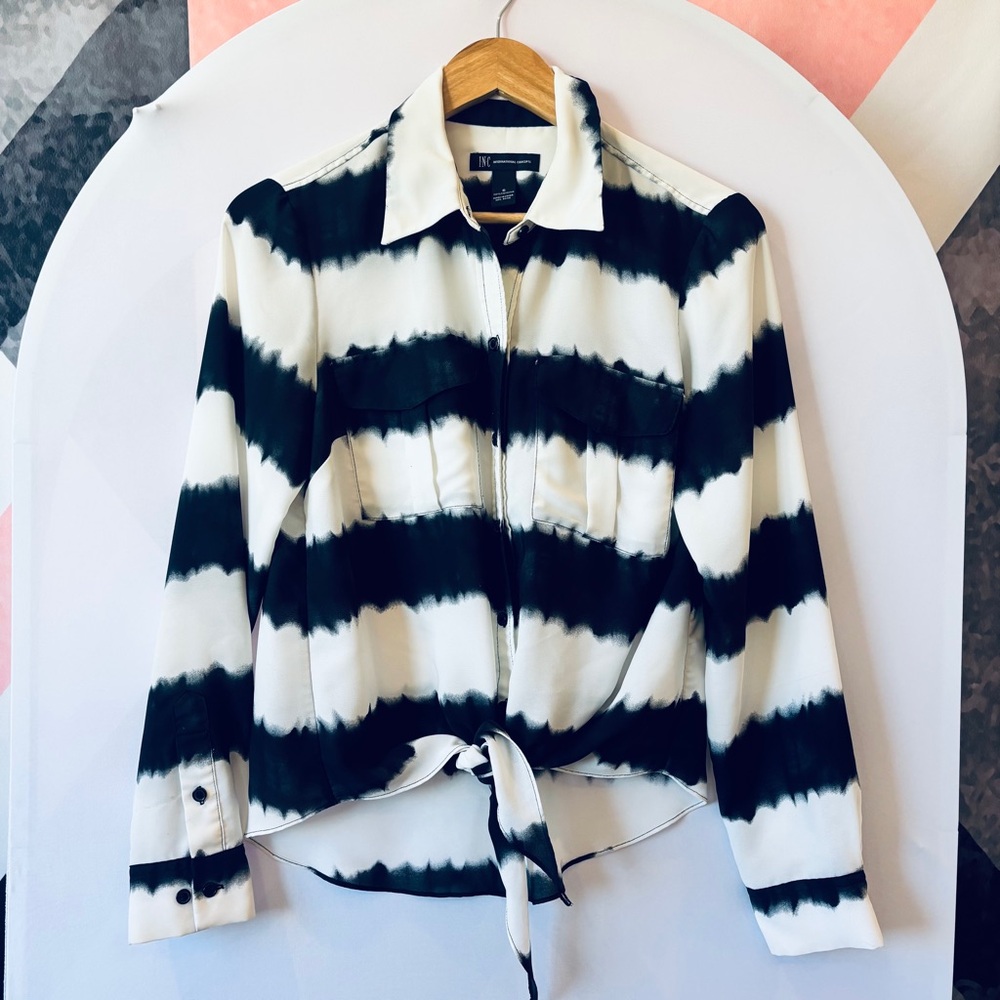INC International Concepts Black and White Tie-Front Shirt